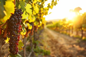 Fototapeta premium Ripe grapes hang on a vine in a vineyard at sunset. The path between rows leads to the golden horizon.