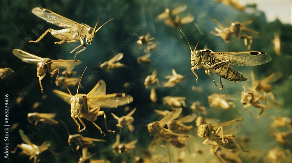 Poster photo of a swarm of locusts shot direction from above pose flying together time of day midday