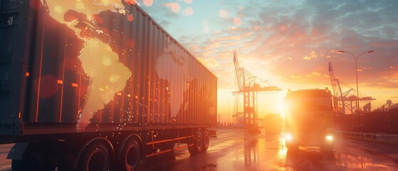 Semi-truck at sunset with cranes in the background.