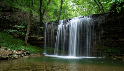 Serene waterfall cascading down a rocky cliff, surrounded by lush green foliage.