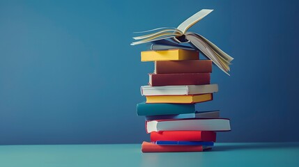 Book in library with old open textbook, stack piles of literature text archive on reading desk, and aisle of bookshelves in school study class room background for academic education learning