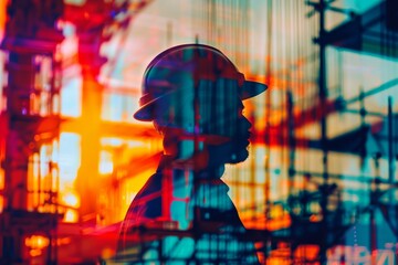 Silhouette of a construction worker in a hard hat against a backdrop of colorful scaffolding and machinery.