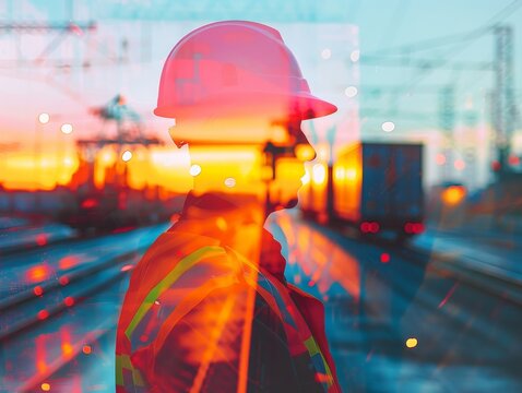 Silhouette of a construction worker against a sunset with a blurry background of a train track.