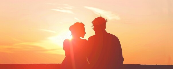 Silhouette of a couple standing against a sunset.