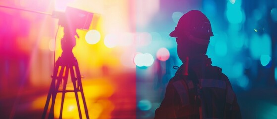 Silhouette of a person standing in front of a blurred background with colorful lights.