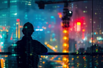 Silhouette of a person standing in front of a window with a city lights background at night.