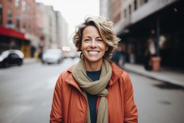 Fototapeta premium Portrait of a smiling middle aged American woman in the city