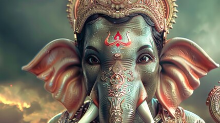 Obraz premium An artistic depiction of Hindu mythology god Ganesh, characterized by intricate details and vibrant colors. Ganesh is adorned in traditional jewelry and attire, with a serene backdrop.