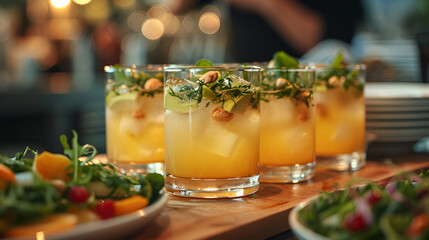 An assortment of beverages and a healthy salad displayed on a table for a social event.