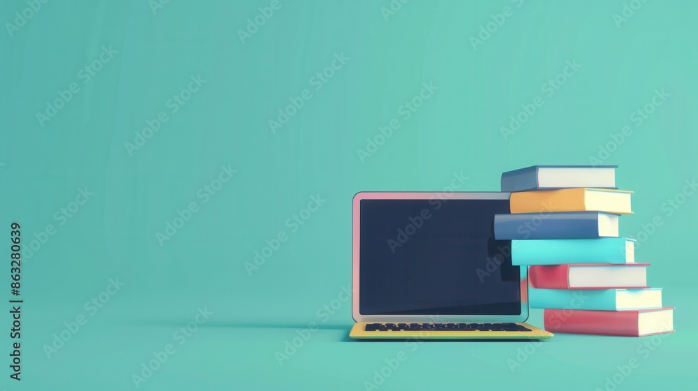 Leinwandbilder a laptop and stack of colorful textbooks on a teal background, symbolizing contemporary learning met