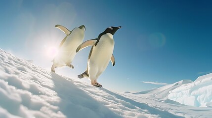 Fototapeta premium Photo of an emperor penguin shot direction from below pose sliding on ice time of day golden hour 