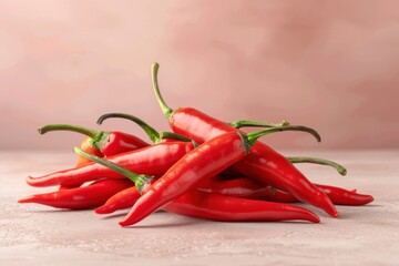 A bunch of red chili peppers is displayed against a soft pink background. The chili peppers are fresh and vibrant with a glossy texture.