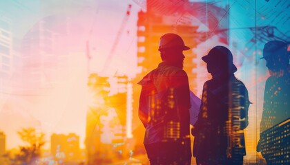 Silhouettes of construction workers against a vibrant cityscape backdrop.