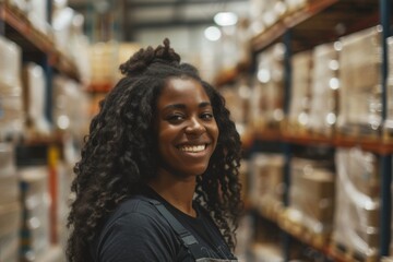 Portrait of a smiling young adult woman working in warehouse