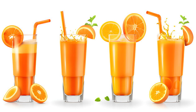 Glass of 100% Orange juice with orange sacs and slices fruits isolate on white background
