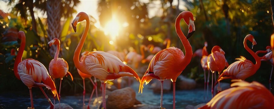 Photo of flamingos shot direction from front pose standing on one leg time of day golden hour 