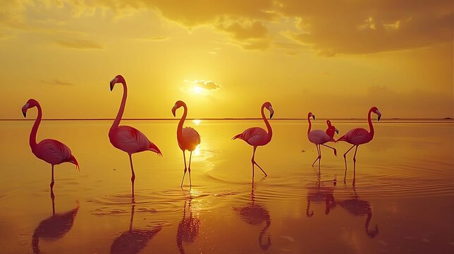 Photo of flamingos shot direction from front pose standing on one leg time of day golden hour 