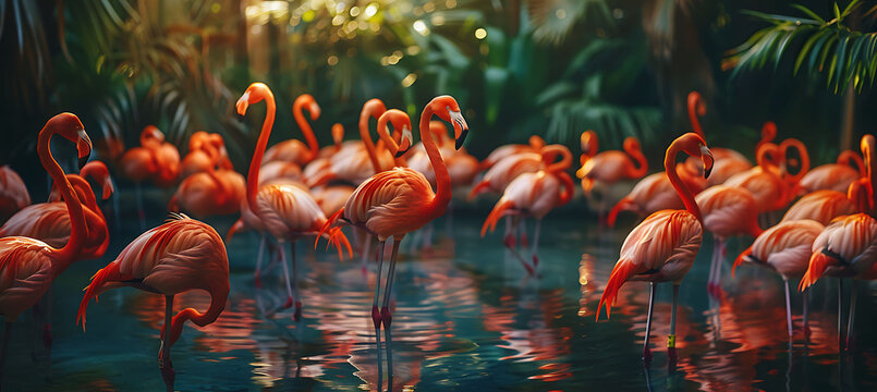 Photo of flamingos shot direction from front pose standing on one leg time of day golden hour