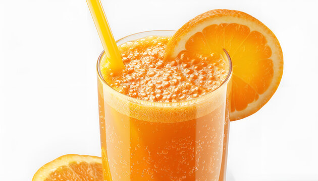 Glass of 100% Orange juice with orange sacs and slices fruits isolate on white background