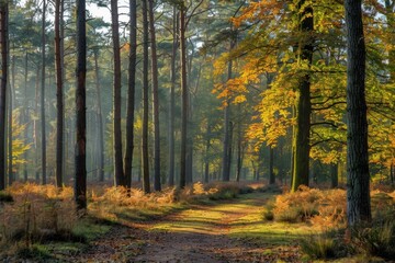 Fototapeta premium Sunbeams illuminate a path through a misty autumn forest. Golden leaves and tall pines create a serene atmosphere.