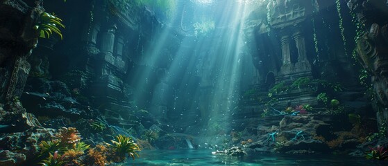 Sunbeams illuminate a mysterious underwater canyon.