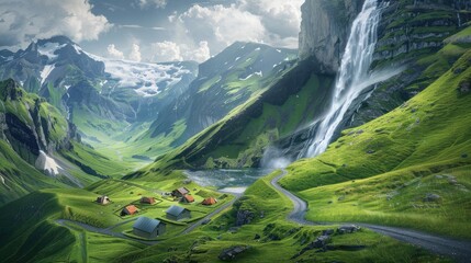 A breathtaking landscape of green mountains, a cascading waterfall, and a winding road leading to cozy huts and camping spots.