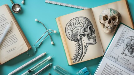 Book in library with old open textbook, stack piles of literature text archive on reading desk, and aisle of bookshelves in school study class room background for academic education learning