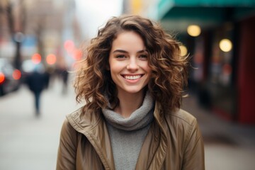 Obraz premium Portrait of a smiling young trendy woman in the city