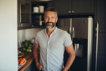 Portrait of a smiling middle aged fit man in modern kitchen with fresh vegetables