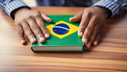 Educação - Brasil. Um estudante brasileiro com um livro sobre a mesa que tem a capa em referência ao Brasil. Estudar, exame nacional do ensino médio.