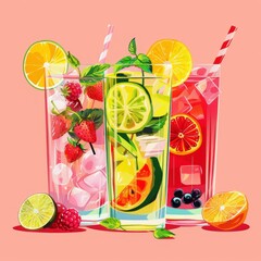 Three refreshing summer drinks with fruit and ice, perfect for a hot day.