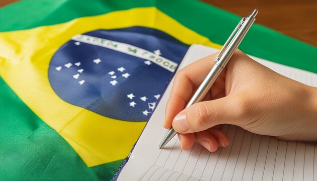 Educa&ccedil;&atilde;o, Brasil. Closeup da m&atilde;o de um estudante segurando uma caneta e escrevendo em um caderno com linhas. Uma bandeira brasileira na composi&ccedil;&atilde;o. Ensino, estudar, ensino m&eacute;dio.