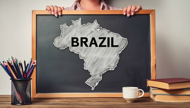 Uma professora mostrando um pequeno quadro negro com o mapa do Brasil. Nome do Brasil escrito na lousa. Educa&ccedil;&atilde;o, ensino m&eacute;dio, estudos.