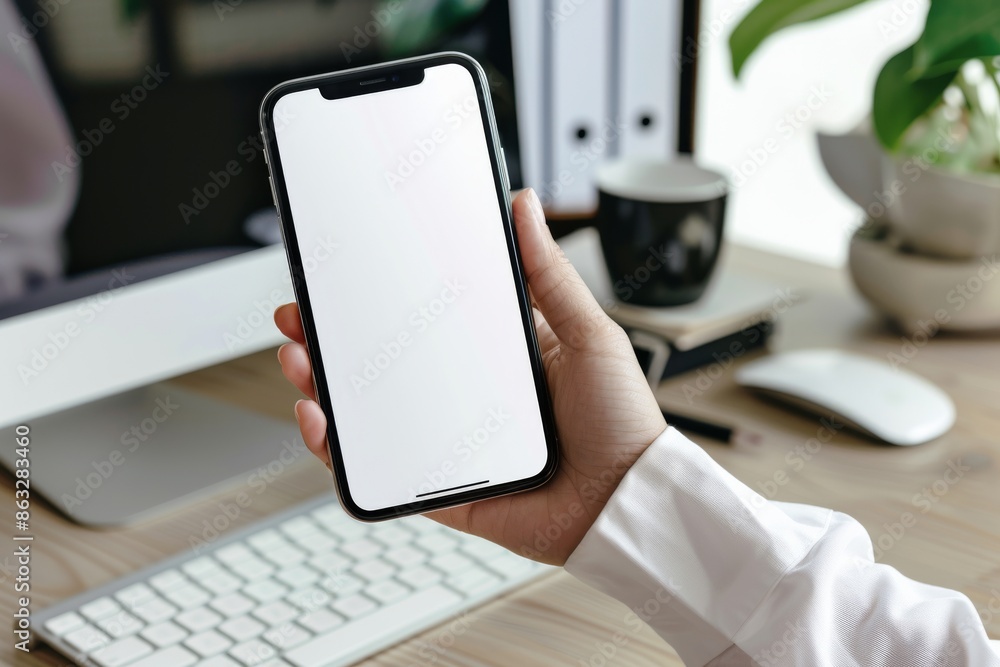 Poster a woman is using her smartphone for graphic display montage. she is using a blank-screen mobile phon