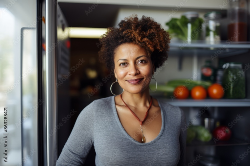 Wall mural portrait of a smiling middle aged fit woman in modern kitchen with fresh vegetables