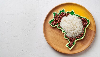 Feijão e arroz com um mapa do Brasil de madeira 
sobre um prato. Conceito sobre agricultura ou a fome no Brasil. 