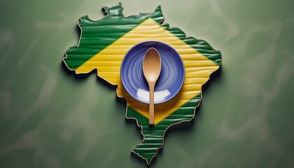 Ilustração de um prato de comida vazio e uma colher de madeira sobre um mapa do Brasil de madeira nas cores verde e amarelo.