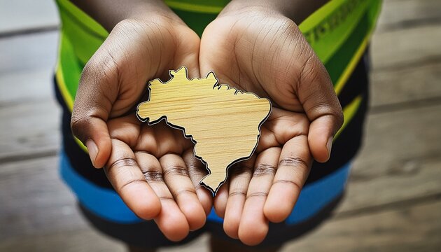 Vista superior das m&atilde;os de uma crian&ccedil;a em situa&ccedil;&atilde;o de pobreza segurando um mapa do Brasil de madeira. Problemas sociais.