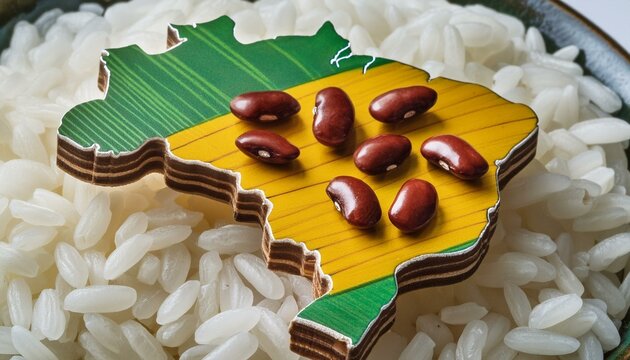Gr&atilde;os de arroz e feij&atilde;o com um mapa do Brasil feito de madeira em cores verde e amarelo. Conceito sobre a fome no Brazil ou agricultura brasileira.