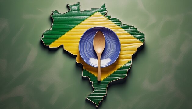 Ilustra&ccedil;&atilde;o de um prato de comida vazio e uma colher de madeira sobre um mapa do Brasil de madeira nas cores verde e amarelo.
