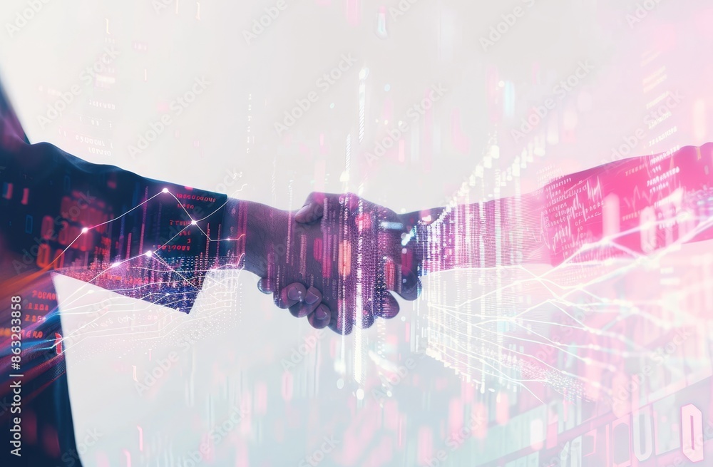 Poster shaking hands of business man with effect global networking link and graph of stock market graphic d