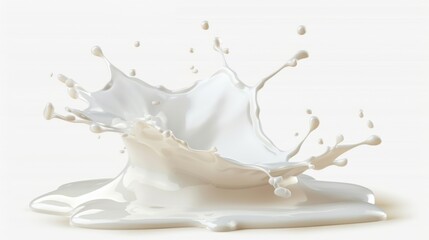 A dynamic splash of milk creating waves and droplets against a white background. The image captures the fluid motion and texture of the milk in a visually stunning way.