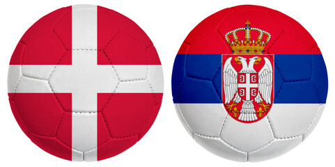 Denmark vs. Serbia footballs, team flag isolated on white