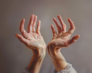 Two open hands with gold painted palms, reaching up against a neutral background.