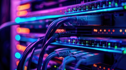 Close-up shot of organized networking cables in a managed server rack, illuminated with vibrant LED lights, creating a visually appealing and efficient setup.
