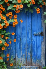 Aesthetic shot of vibrant blue door adorned with blooming pink and orange flowers