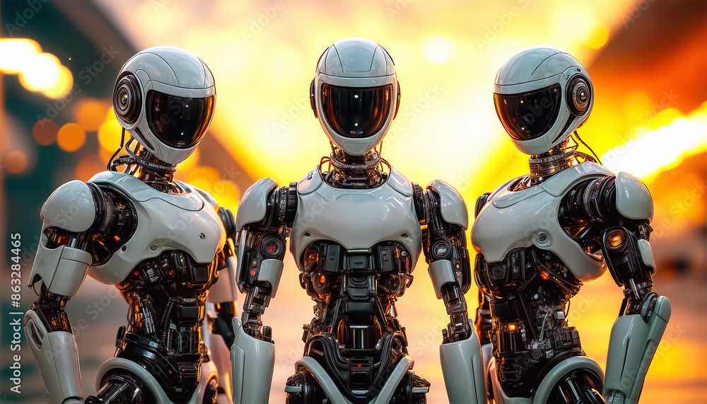 Poster android robots. three white robots. sky-fi robots are ready to take action. fantastic banner