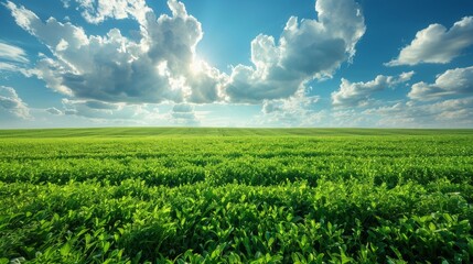 Summer scenery in Russia, with green fields, blue skies, and white buildings