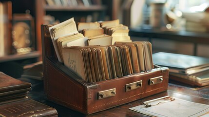 Vintage wooden card catalog drawer filled with aged index cards in a library.