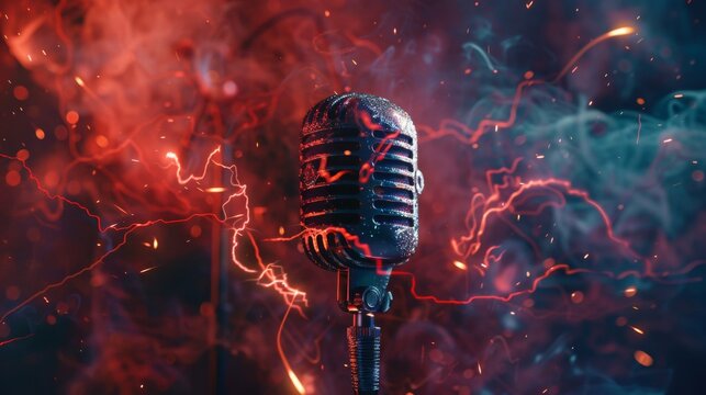 Vintage microphone with red and blue smoke and sparks in the background.